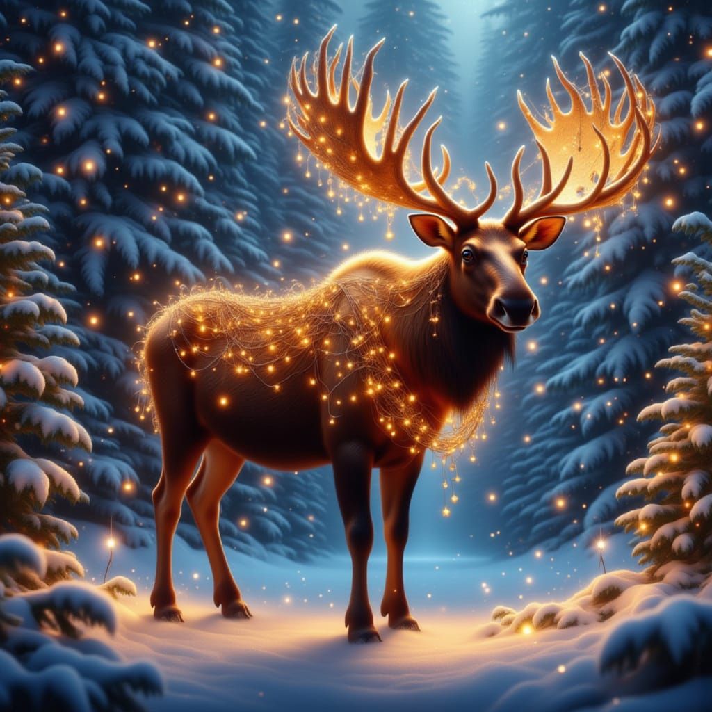 Moose With Christmas Lights in Antlers at Twilight