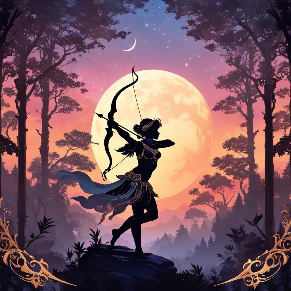 Cupid Silhouette on Crescent Moon in Art Nouveau Style