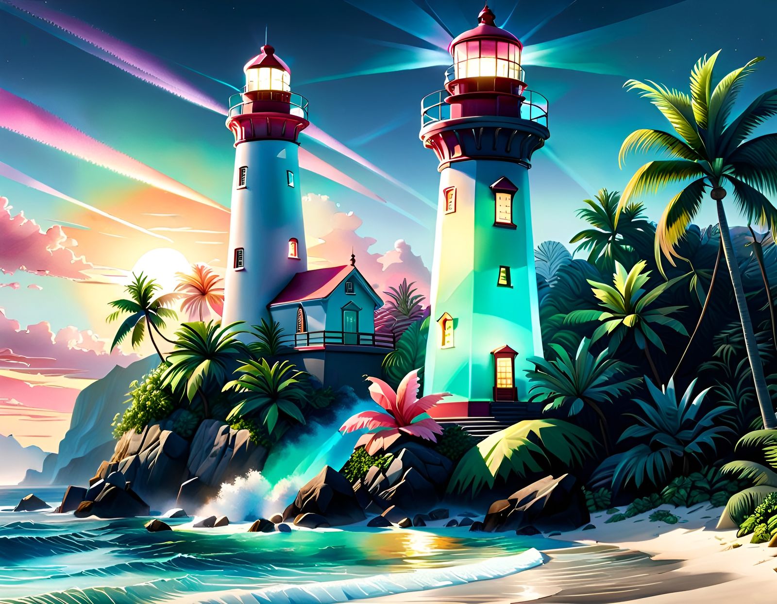 Pastel Glass Tropical Lighthouse in Watercolor Style