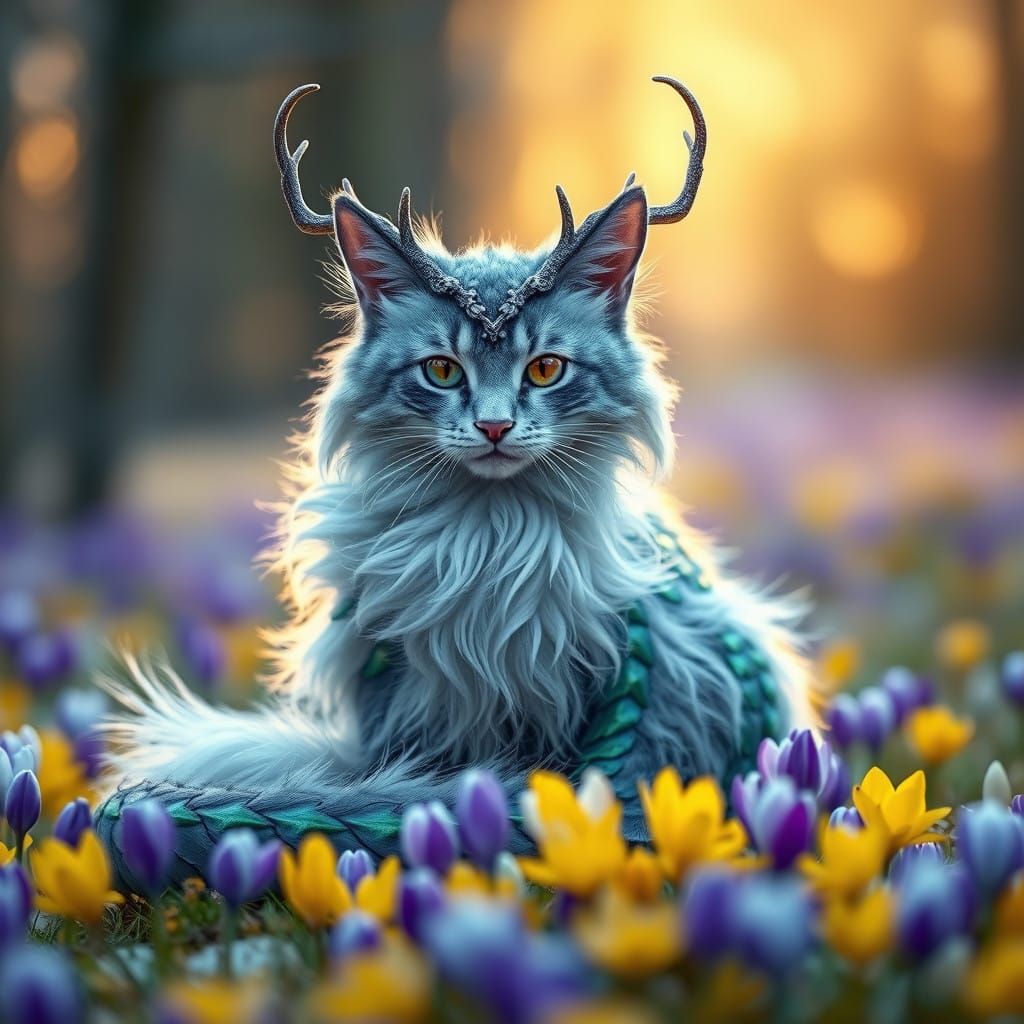 Fantastical Dragon-Cat Amidst Winter Bloom