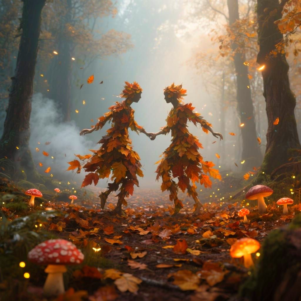 Ethereal Autumnal Figures Dancing in Misty Forest