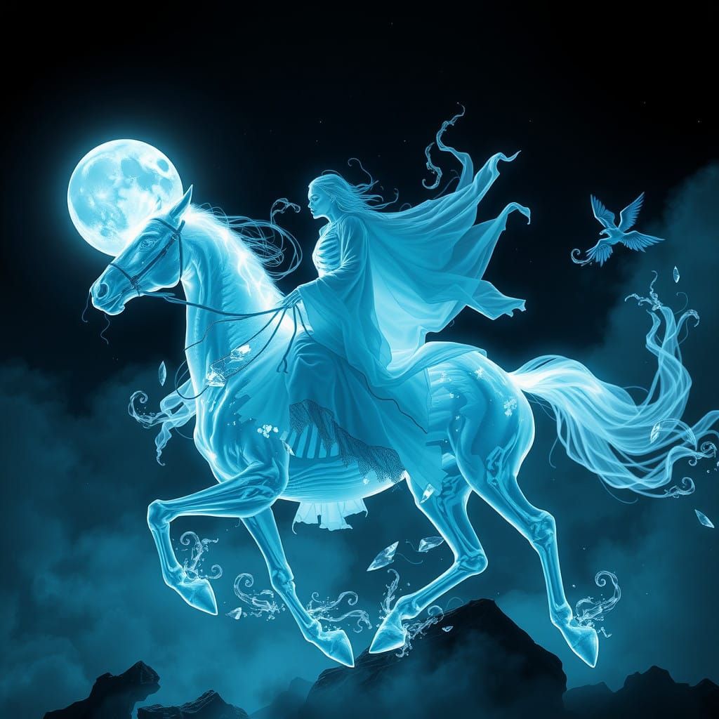 Ethereal Skeleton Rides Glowing Mist Steed Under Darkened Ni...