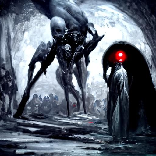 Grey Alien with Red Eyes in Dark Fantasy Style