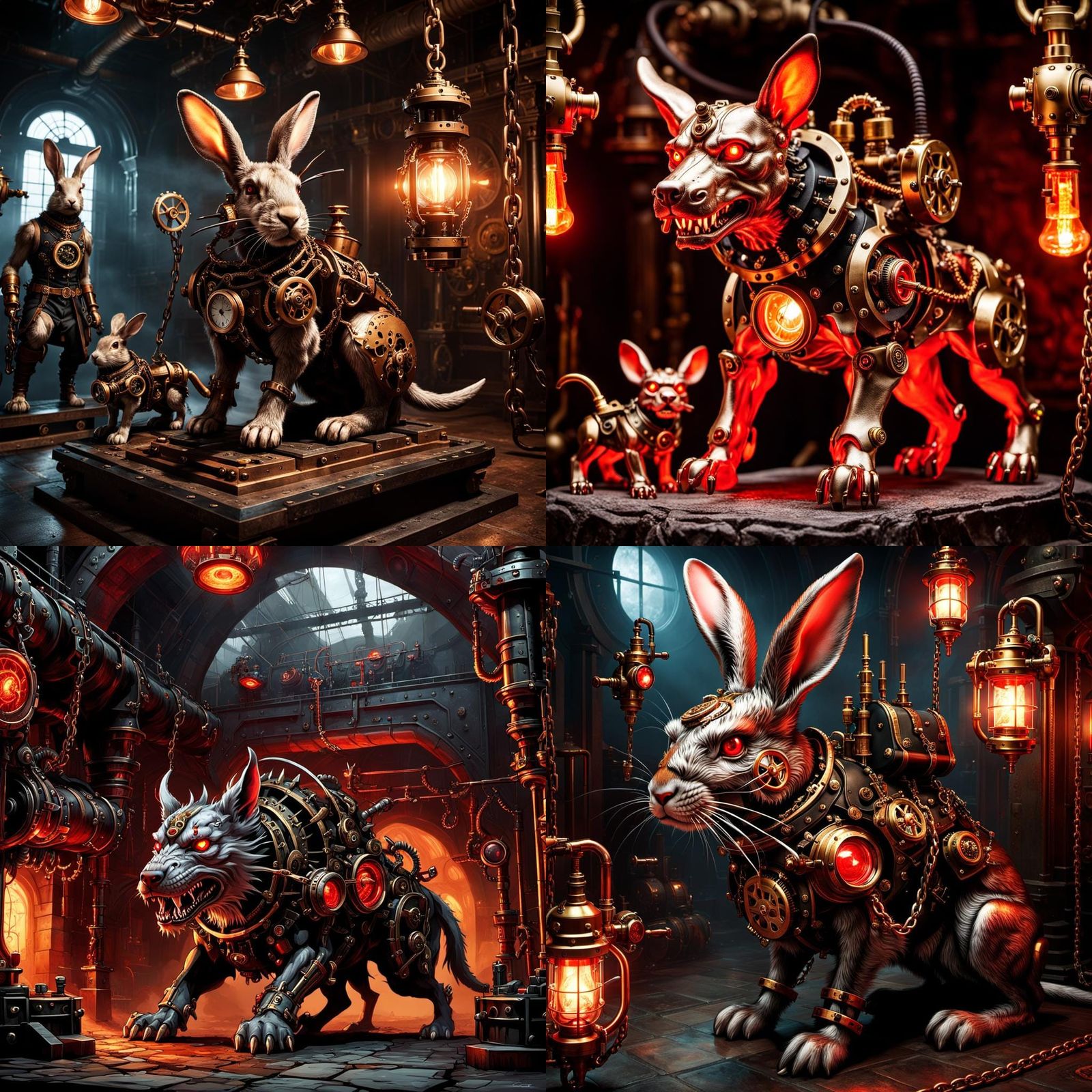 Steampunk Rabbit Held by Three-Headed Cerberus
