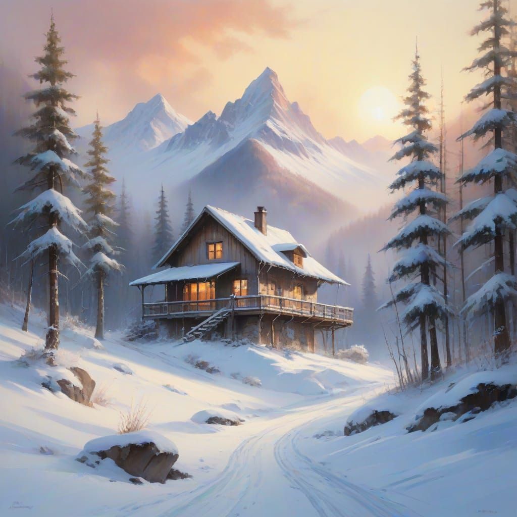 Mountain Chalet in Winter: Watercolour Painting