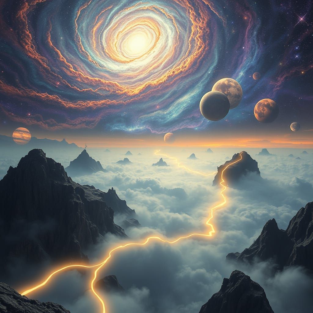 Dreamlike Landscape with Floating Islands and Nebulae Sky