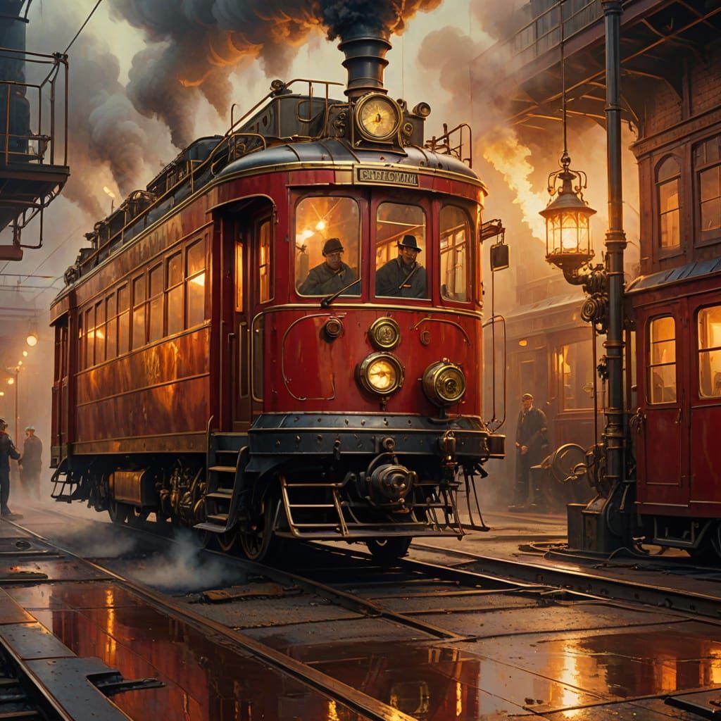 Steampunk Red Tram at Depot in Golden Light