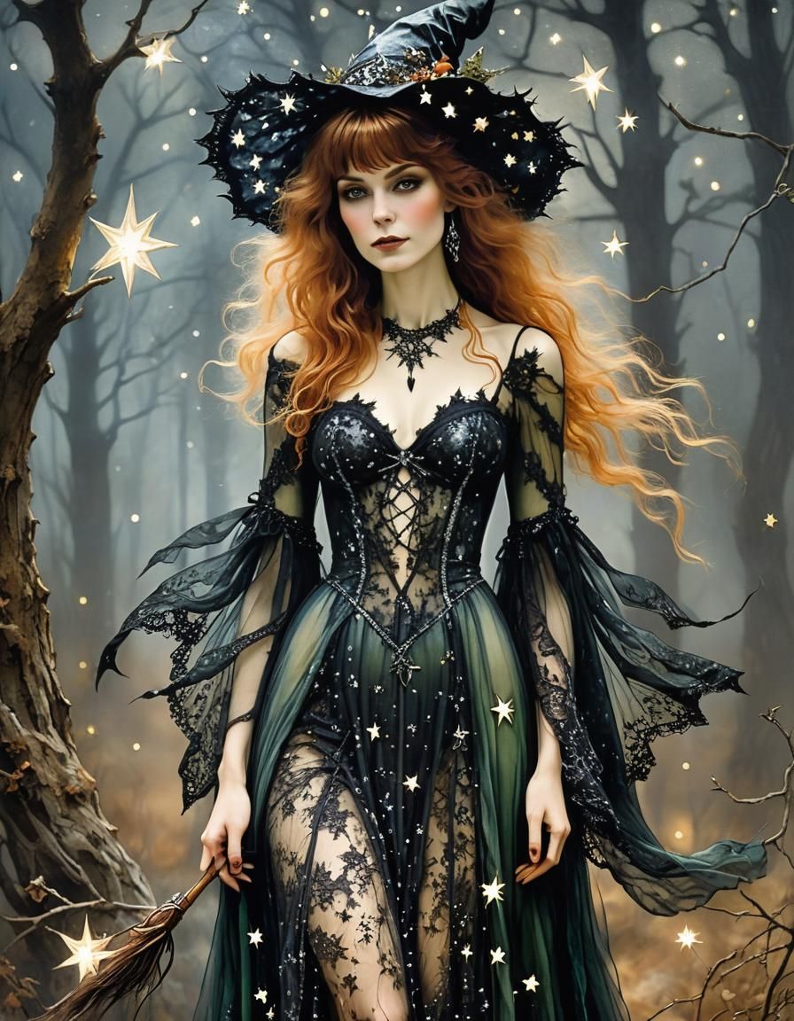 Encaustic Forest Witch in Lace Dress