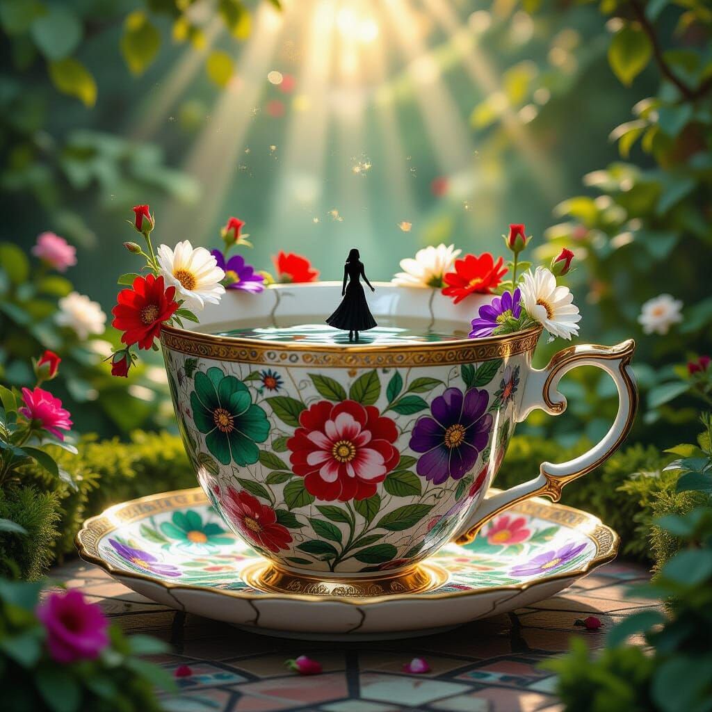 Colossal Mosaic Teacup in Victorian Garden