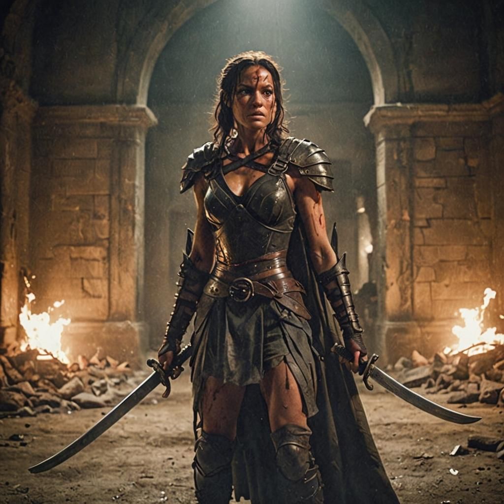 Fierce Warrior Woman with Swords: Cinematic Film Still
