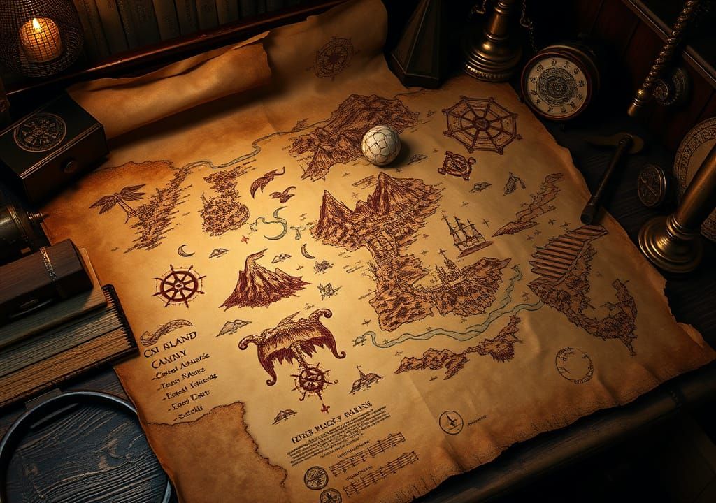 Fantasy Map of Mythical Islands in Sepia Tones