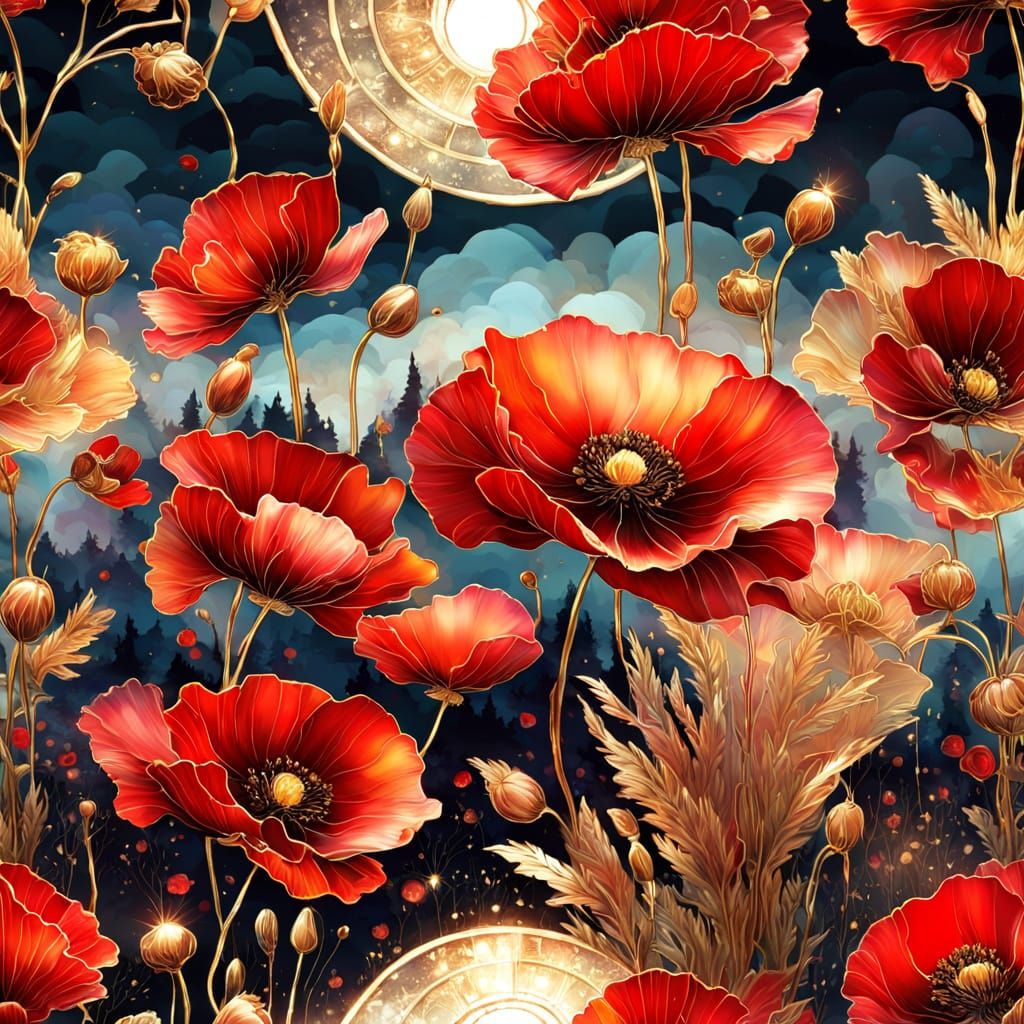 Gongbi Style Poppies at Night in Red and Gold