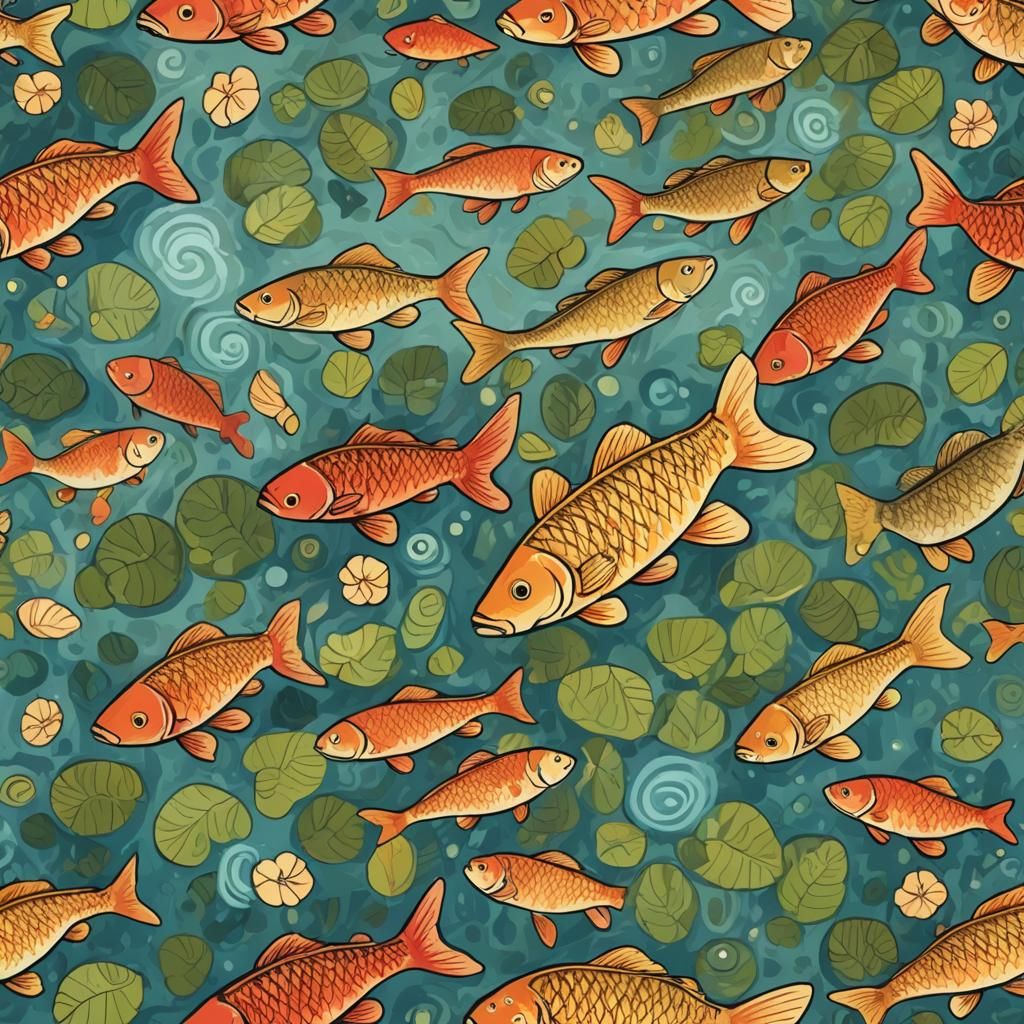 Cartoon Carp in Folk Art Impressionism Style