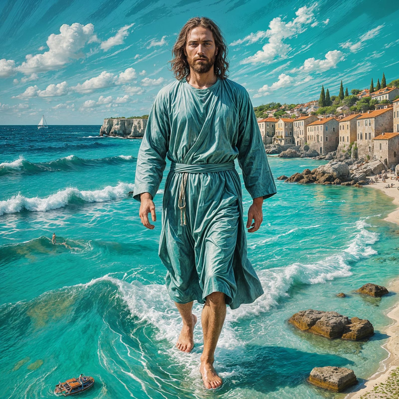 Jesus Christ Walks on Turquoise Water in Vibrant Van Gogh St...