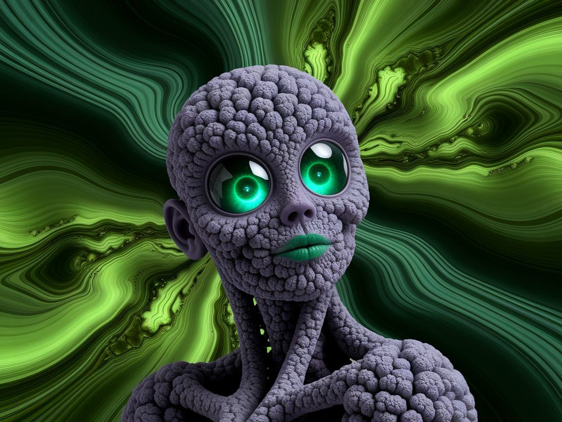 Anthropomorphic Foamy Cacoxenite Fractal with All-the-Greenstones Eyes