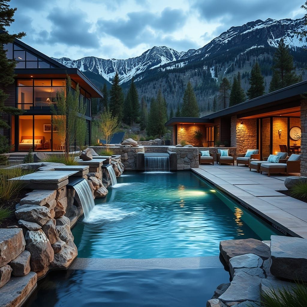 Eco Lodge with Waterfall in Rocky Mountains