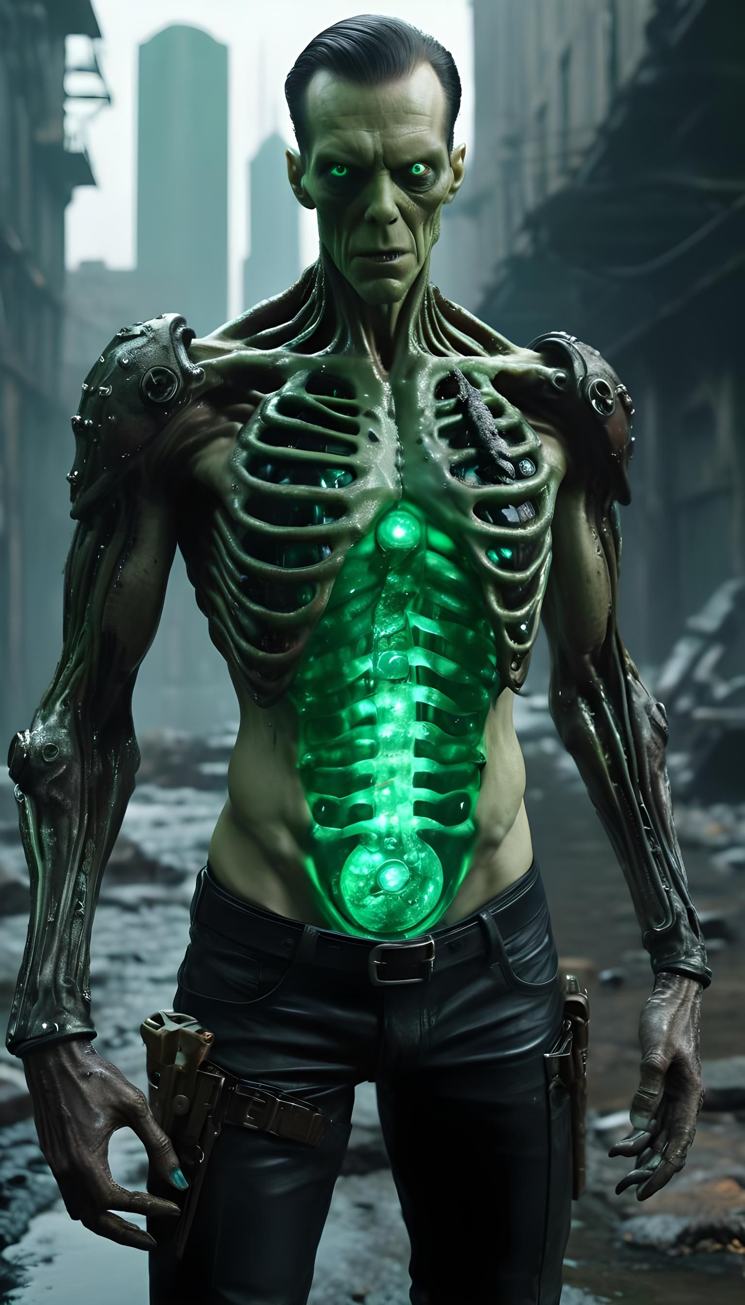 Eldritch Biopunk Android in Apocalyptic Cityscape