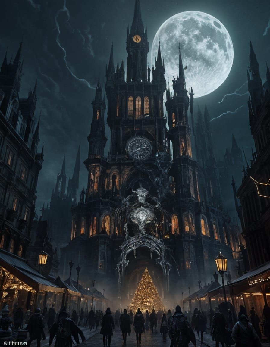 Gigantic Skeleton in Christmas Lights, Dystopian Victorian C...