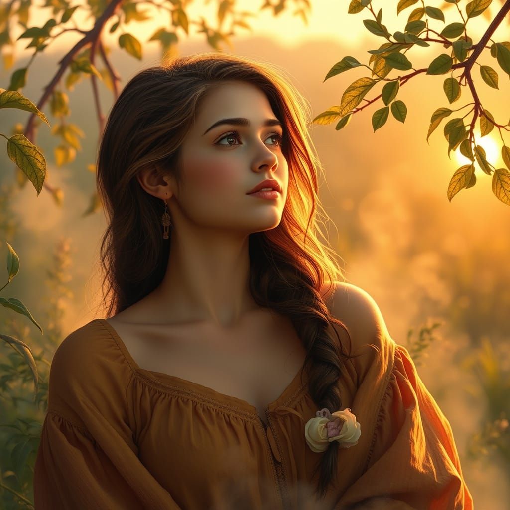Serene Woman Lost in Whimsical Sunset Moment