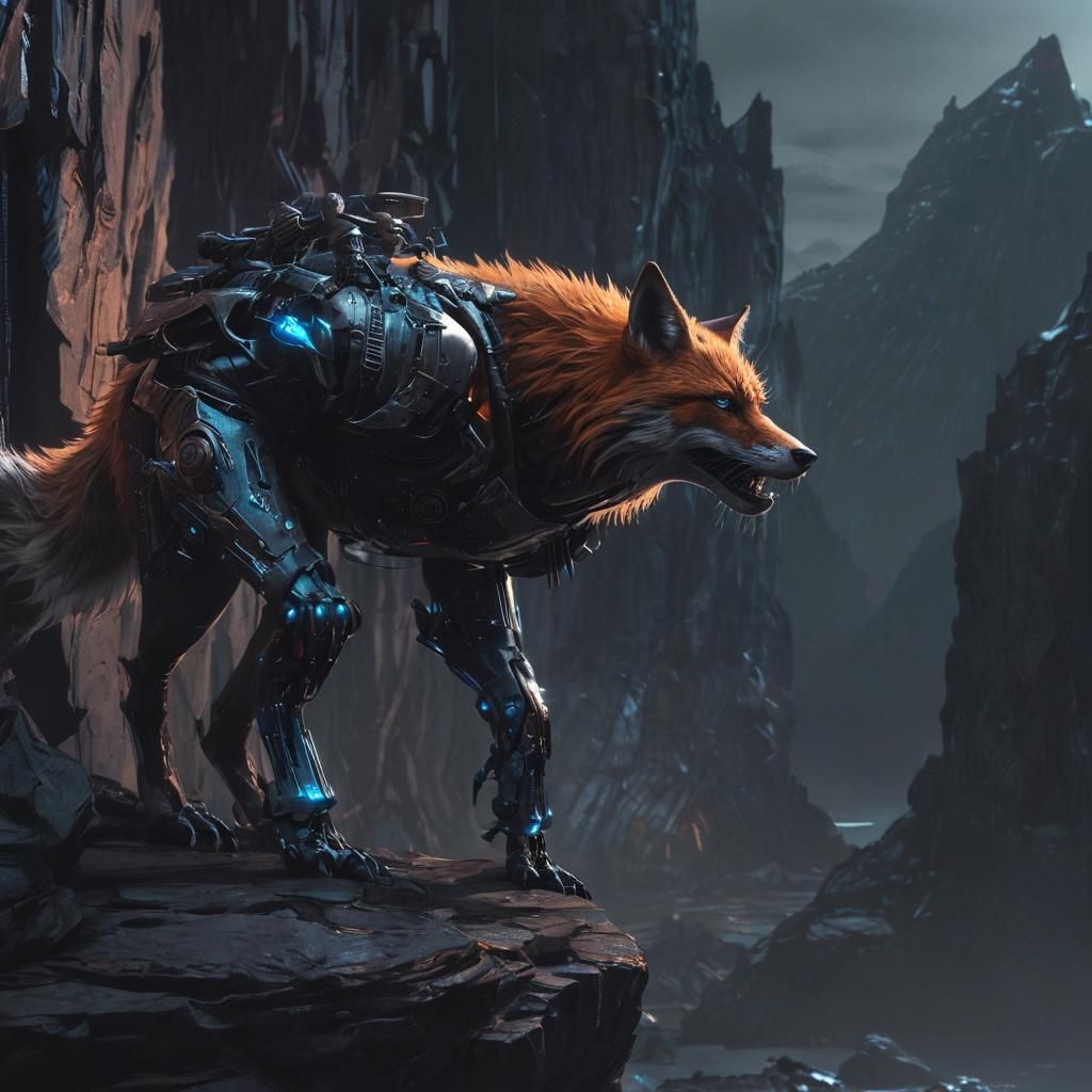 Cybernetic Viking Fox in Neon Fjord: Concept Art