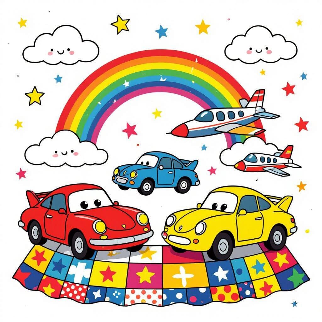 Cartoon Cars and Jets with Rainbow in Pop Art Style