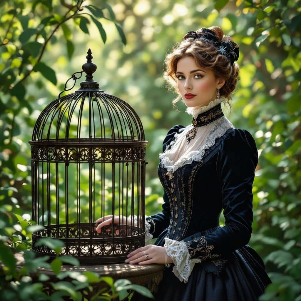 Victorian Woman and Birdcage in Sunlit Garden