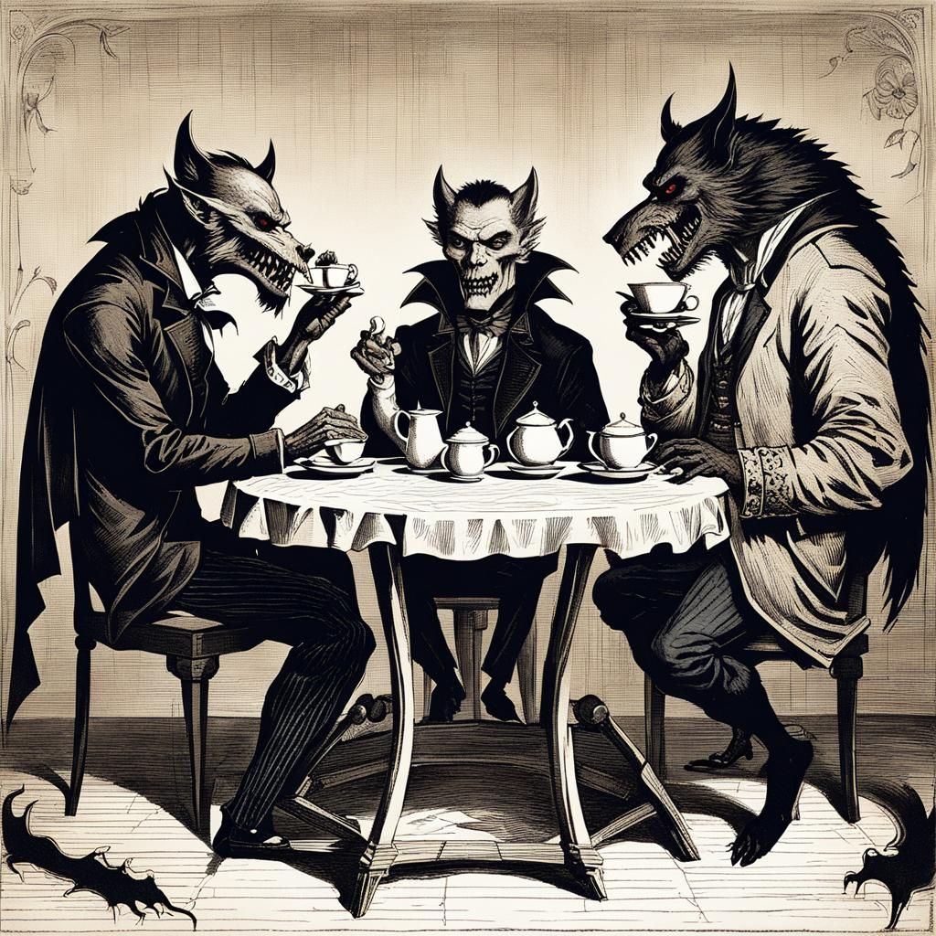 Vampire monster and werewolf monster having tea together by Lavinia Fontana