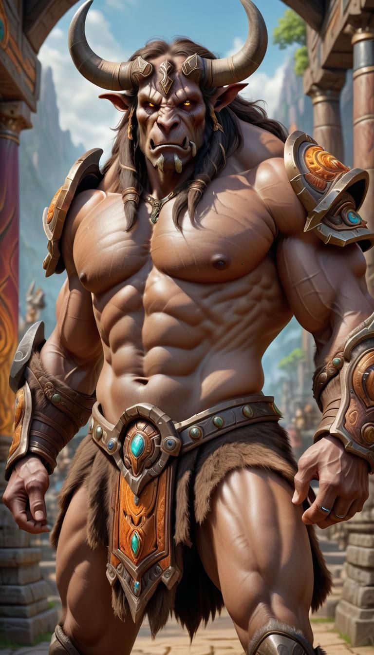 Hyperrealistic Minotaur with Human Face in Warcraft Style