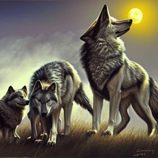Wolf pack after transformation, full moon