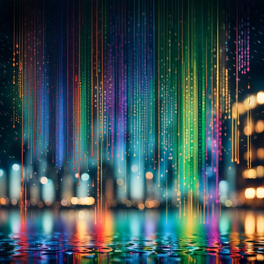 Rainbow Matrix Code Cityscape at Night