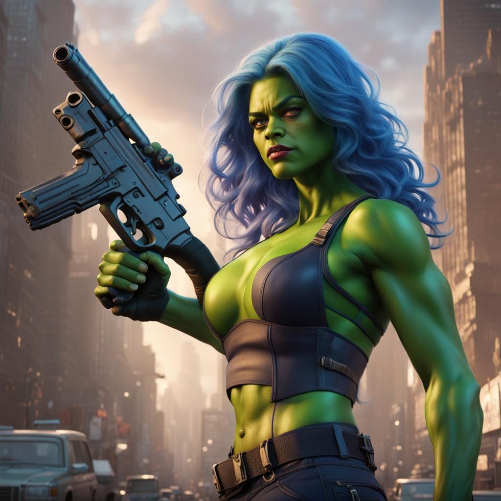 She-Hulk with Blue Hair: Detailed Matte Painting