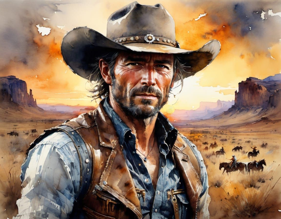 Watercolor Cowboy at Sunset: A Dramatic Western Scene