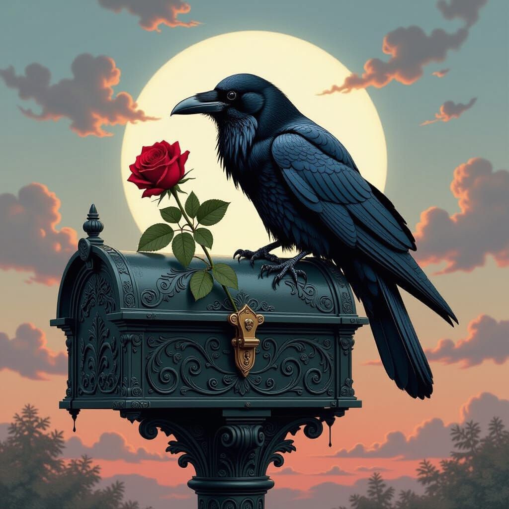 Solitary Raven with Red Rose in Twilight