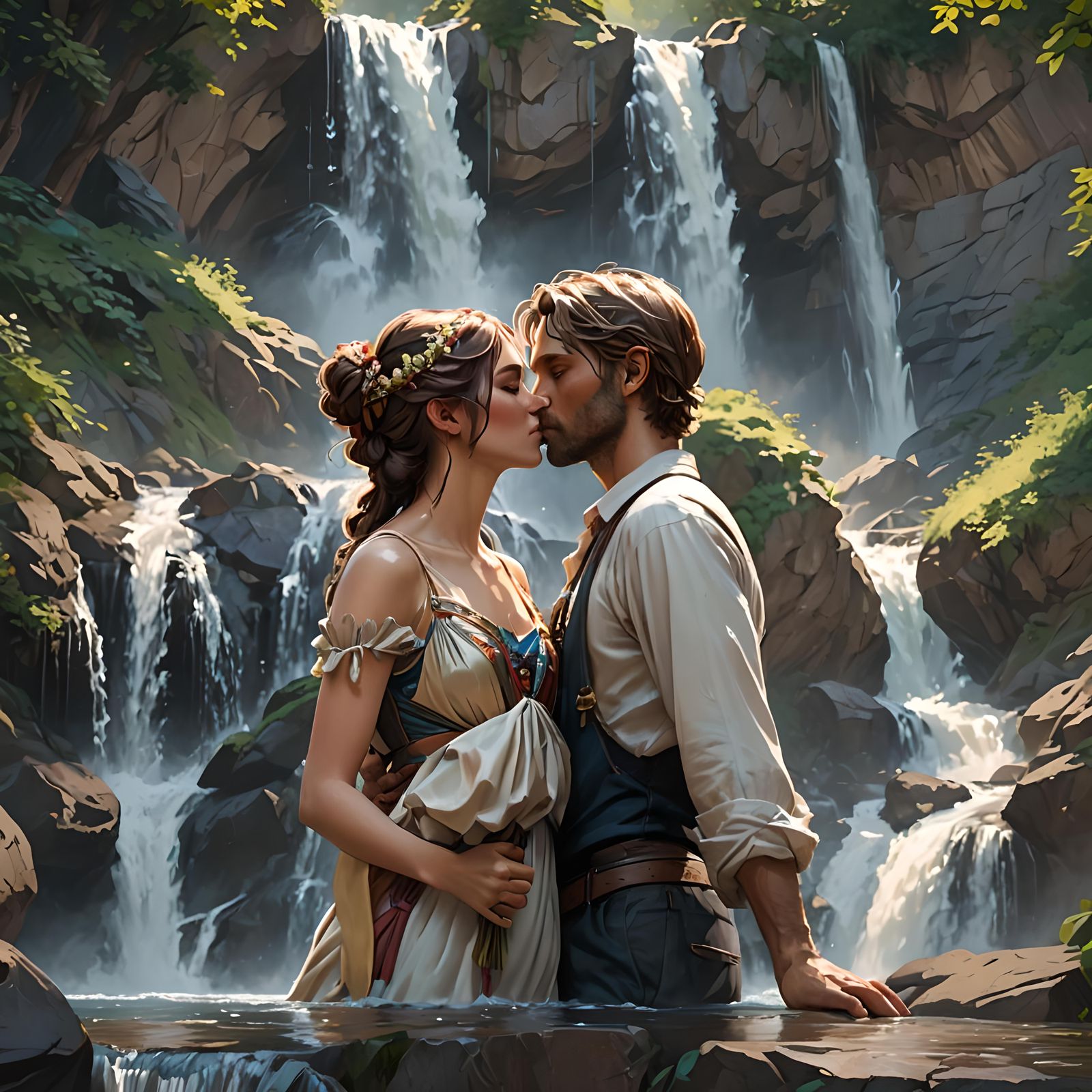 Romantic Waterfall Kiss: Hyperdetailed Portrait in Unreal En...