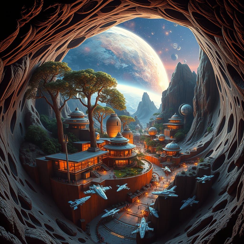 Cosmic Oasis: A Thriving Space Station Inside a Glowing Plan...