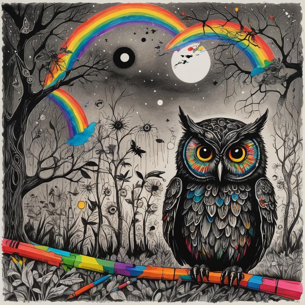 Rainbow Owl in Cubist Pop-Up Book Scene
