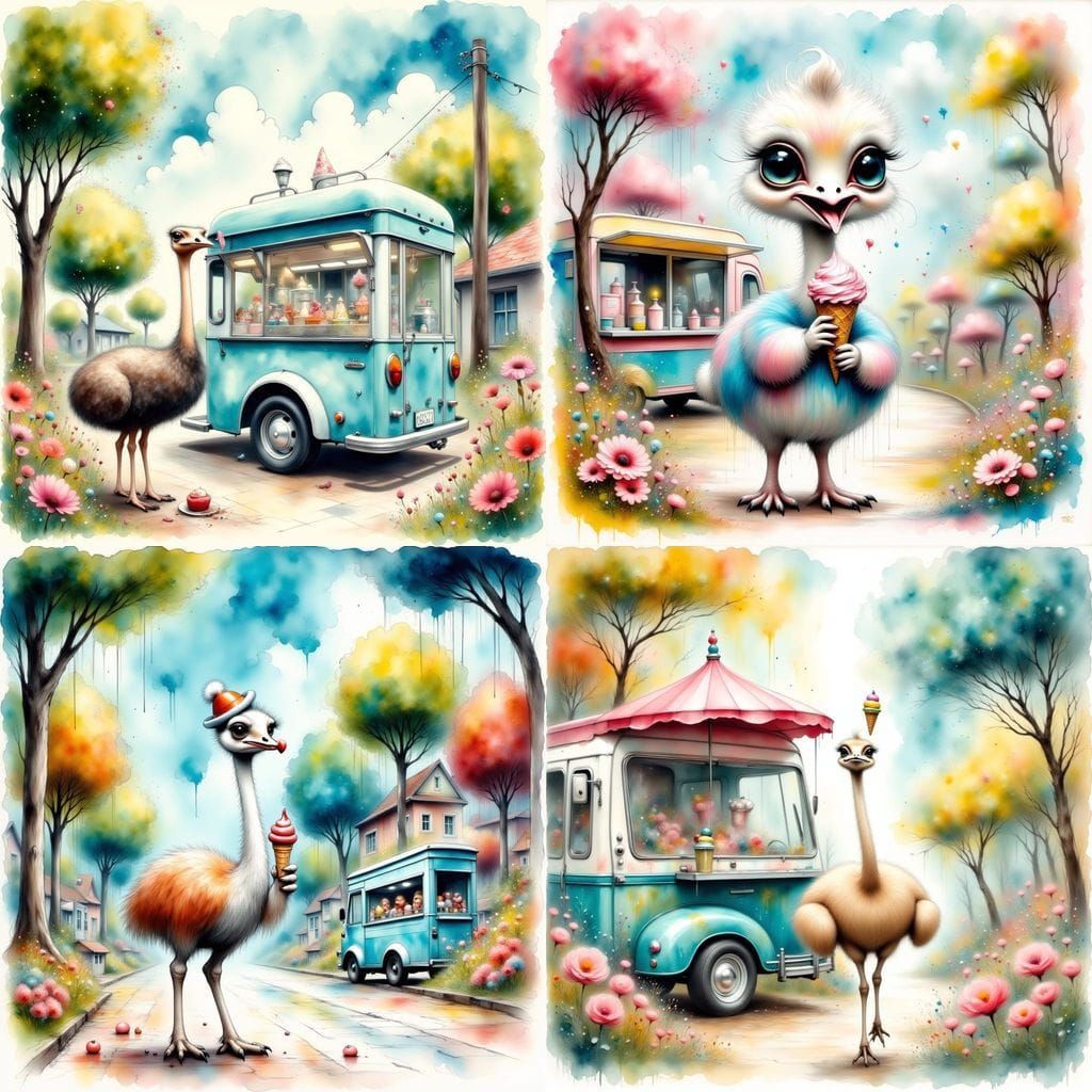 Cute Vintage-Style Baby Ostrich Standing at Ice Cream Truck ...