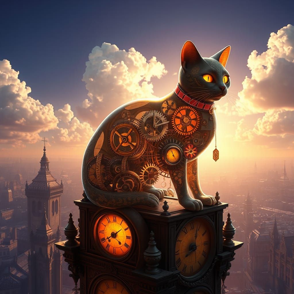 Clockwork Cat on Ancient Clock Tower