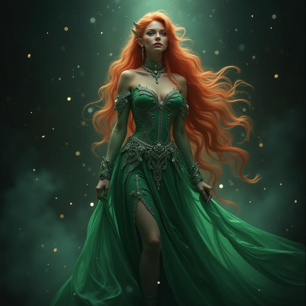 Majestic Elf Maiden in Emerald Attire Against Mysterious Bla...