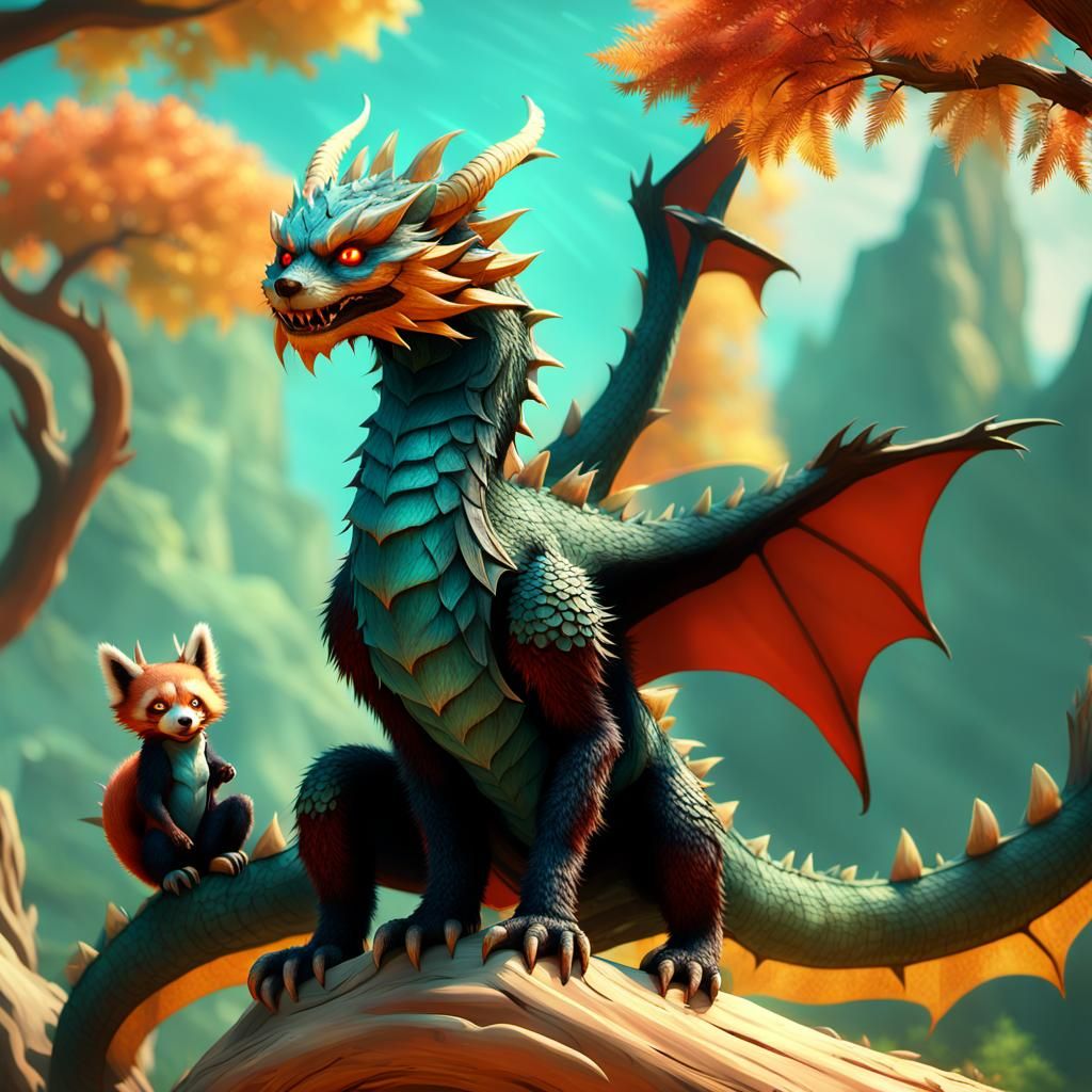 Red Panda Dragon in Mystical Forest, Digital Art