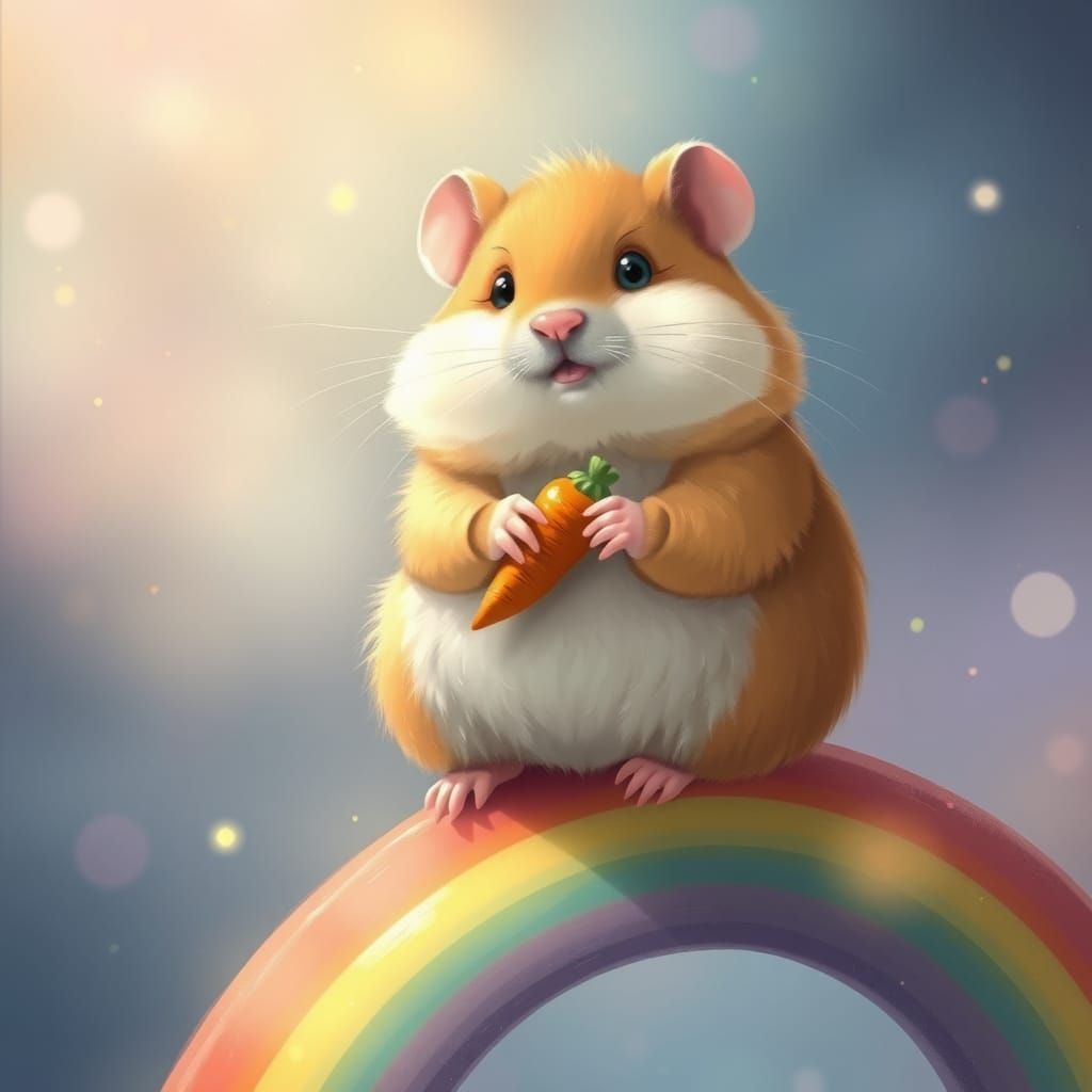 Fluffy Hamster on Rainbow with Golden Carrot