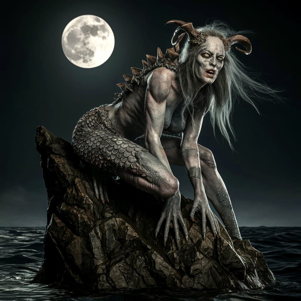 Gothic Siren on Jagged Rock Under Full Moon