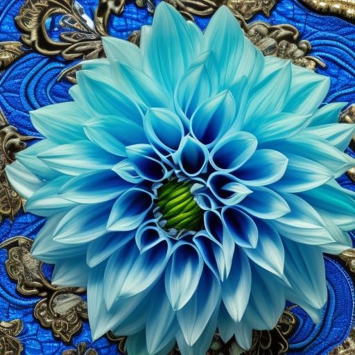 Hyperrealistic Blue Dahlias and Turquoise Gemstones