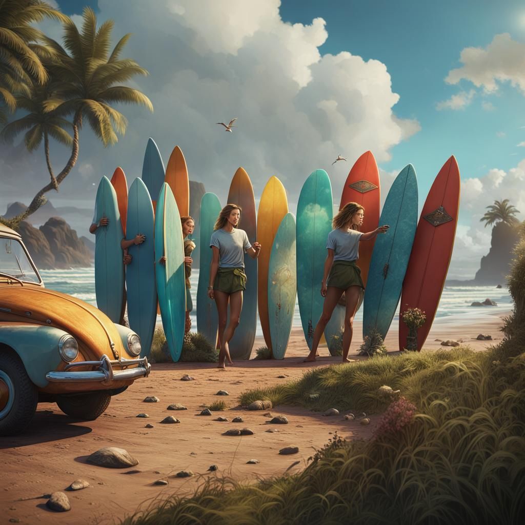 Bude Girls Waxing Surfboards: Detailed Matte Painting