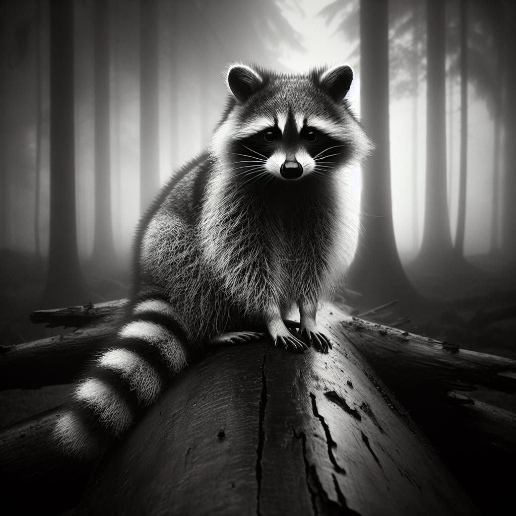 Grayscale Raccoon Portrait in Misty Forest