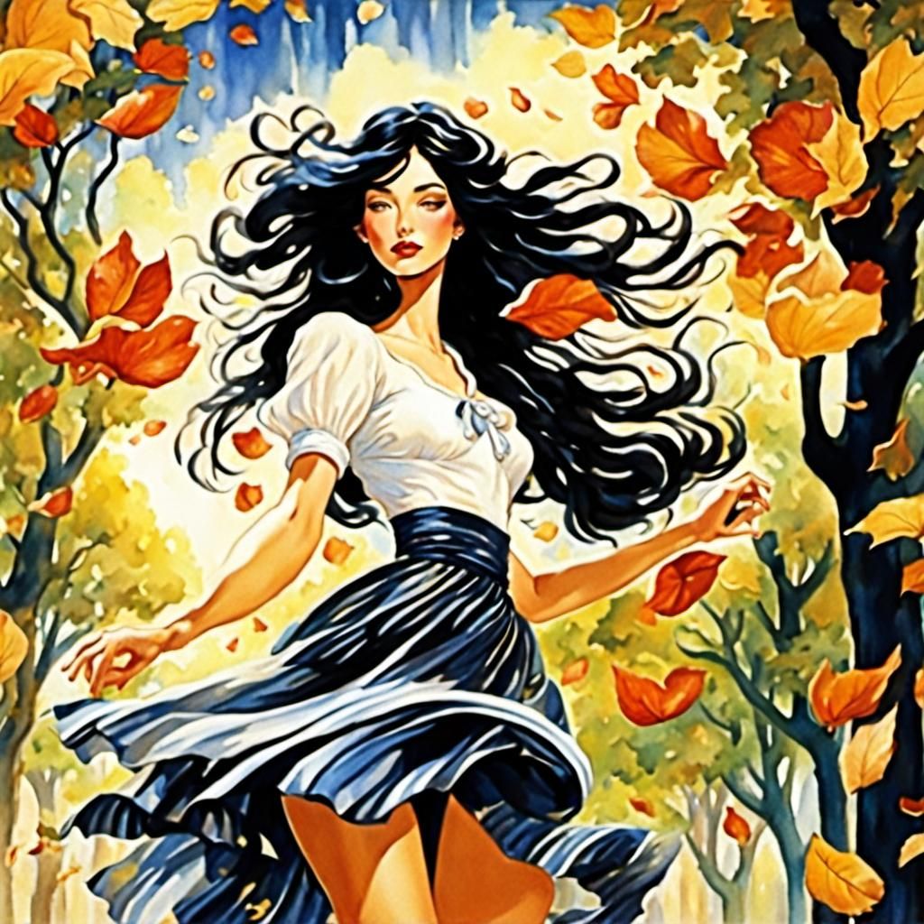 Girl Struggles with Wind in Milo Manara Style