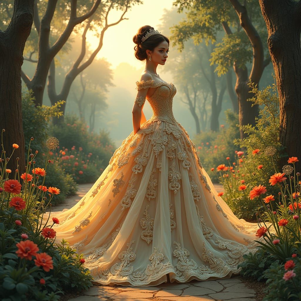 Enchanting Princess in Garden, Whimsical Art Style