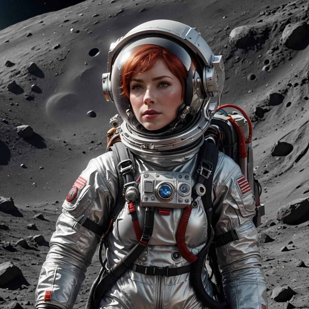 004 A beautiful red haired female astronaut wearing a silver spacesuit on the moon.