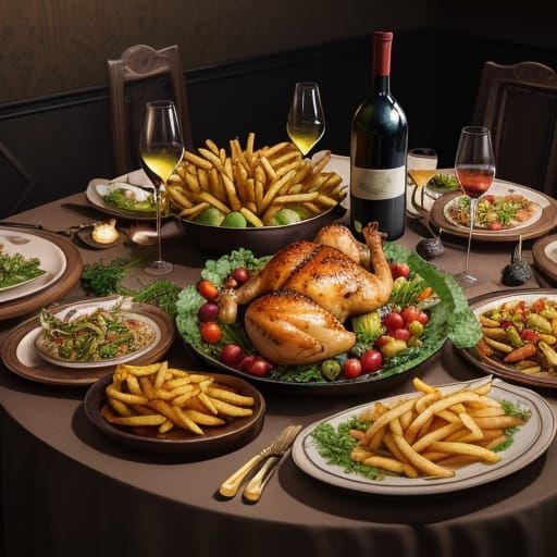 Lavish Party Table with Roasted Chicken and Fine Wines
