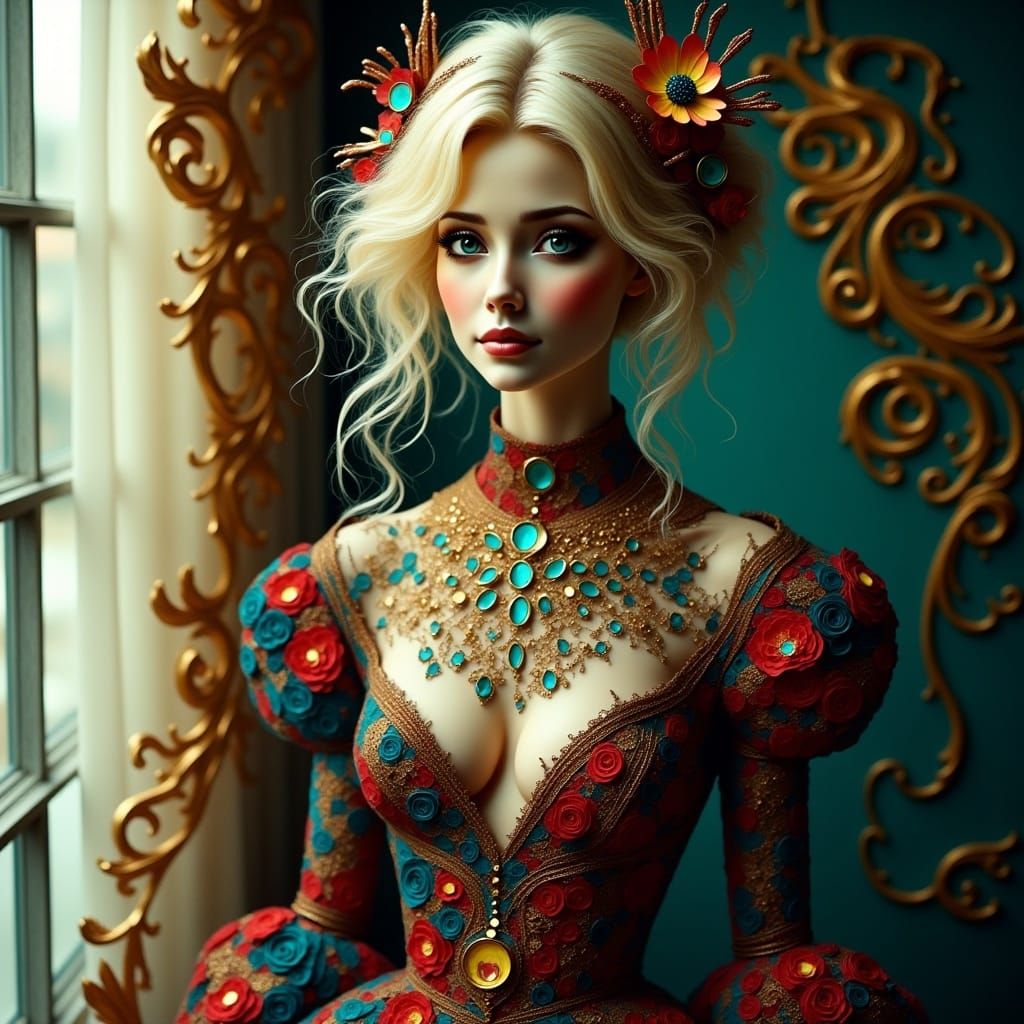 Tattooed Woman in Gown: Digital Art Masterpiece
